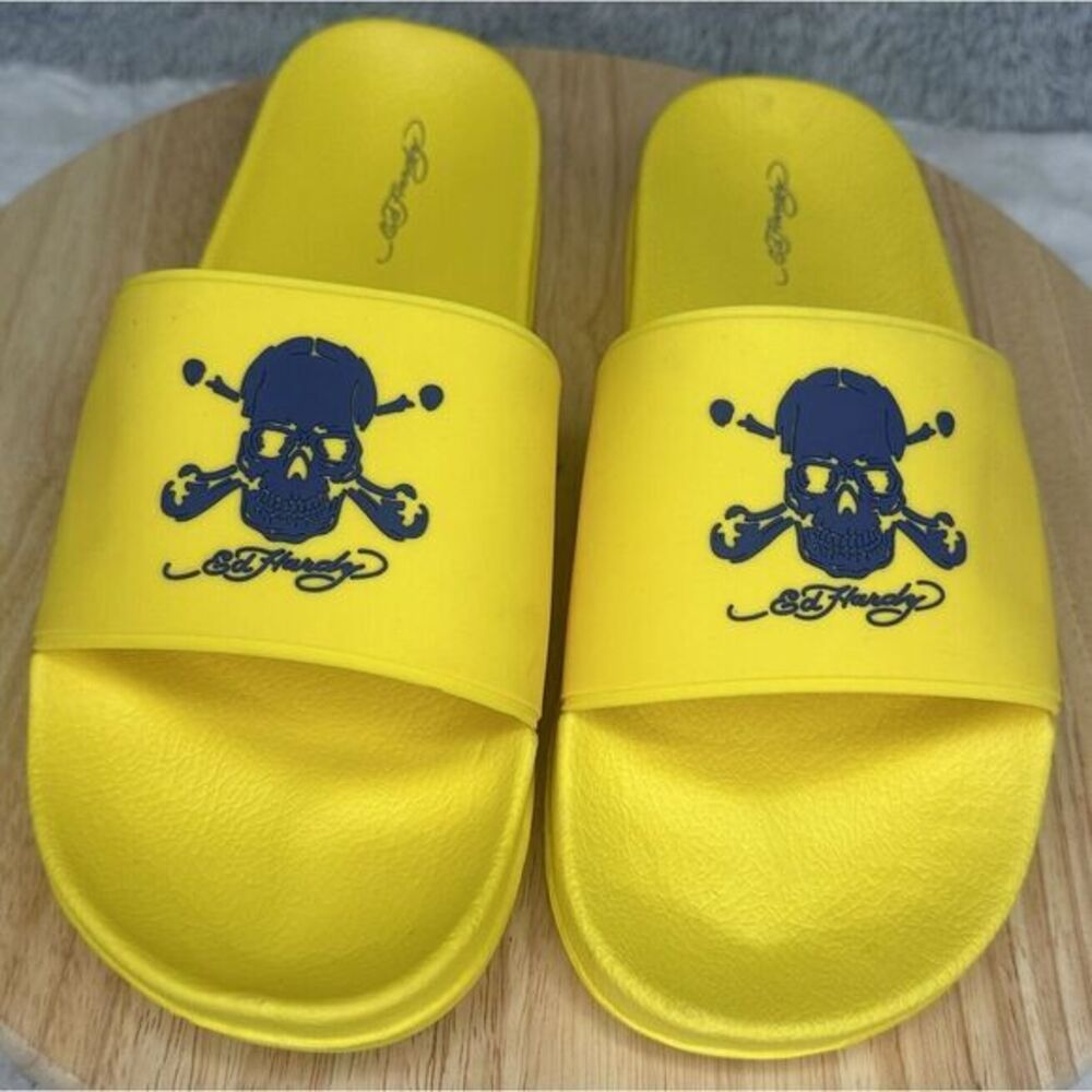 Men's Ed Hardy Yellow With‎ Blue Skulls Slides Sz 13